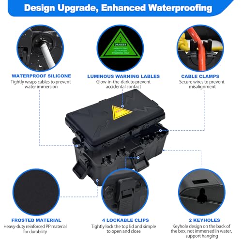 Image of Hrensaw Medium Outdoor Electrical Box(10.6x5.5x4.5inch),Weatherproof Connection Box w /6 Cable Entry,IP54 Waterproof Extension Cord Cover Protect Power Strip,Timer,Plug,Holiday Lights,Black