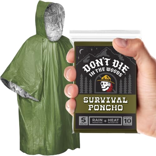 Don't Die In The Woods - Survival Poncho [1-Pack] - Wearable Emergency Blanket For Rain Protection + Heat Retention - 10 Essentials Outdoor Gear For Hiking Camping Hunting First Aid Kit (Green)