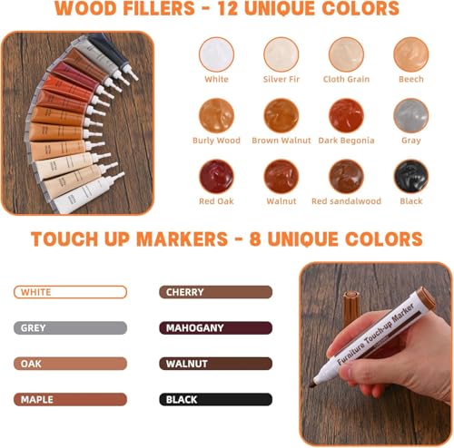 Image of Furniture Wood Repair Kit, Wood Markers for Scratches,12 Colors Wood Fillers for Stains and 8 Colors Furniture Markers Touch-up, Scratch, Cracks, Hole