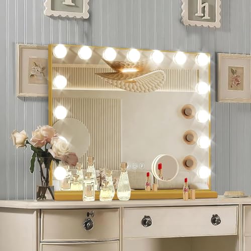 Ratsamee Gold Hollywood Vanity Mirror with Lights, 15 Dimmable Bulbs, 3 Color...