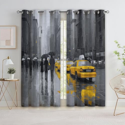Rideau Occultant Vue Rue New York Noir Blanc Taxi Rideaux Thermiques à Oeillets, pour Salon Chambre Fenetre, Peinture Huile Vintage Rideaux Opaque Lot De 2...