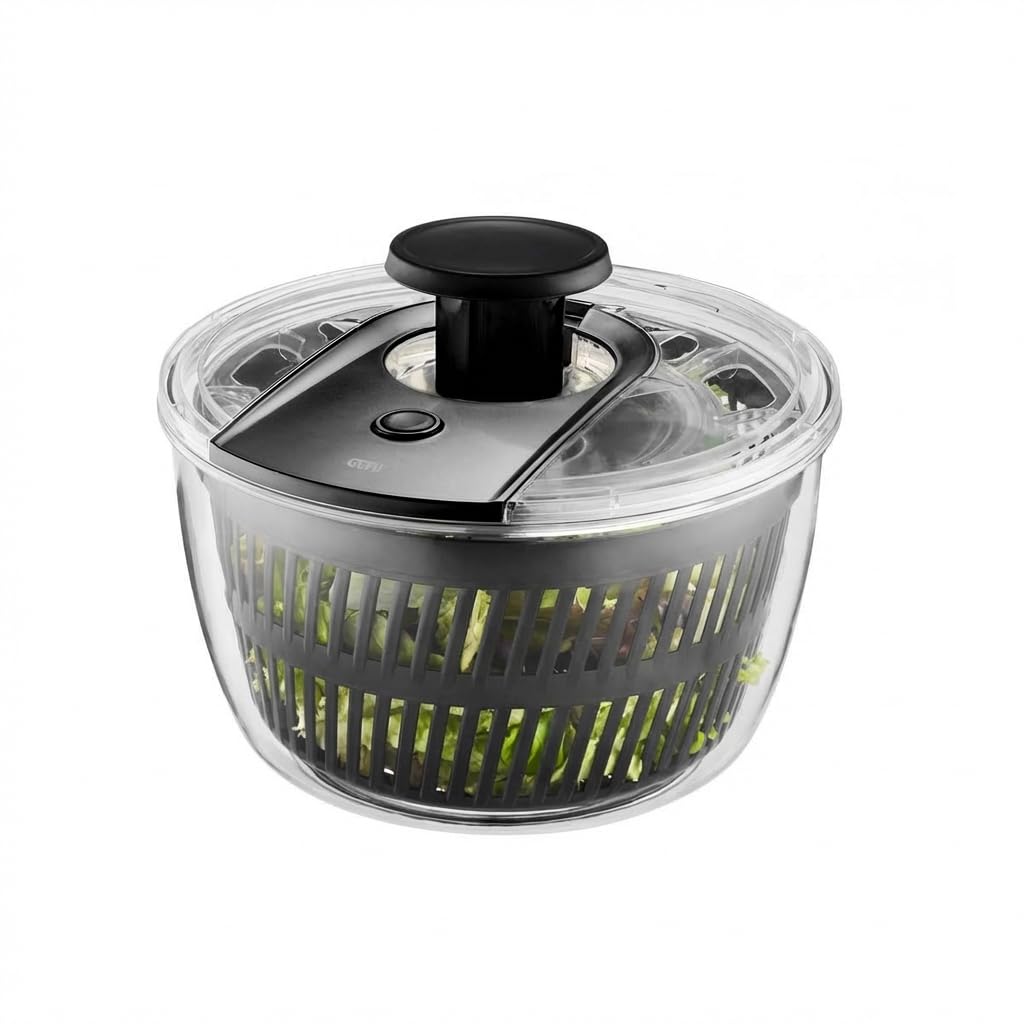 GEFU Essoreuse à Salade Rotative 5L - Sèche-Laitue avec Mécanisme Push | Bol de service transparent avec bouton stop, anneau antidérapant et passoire amovible, compatible lave-vaisselle