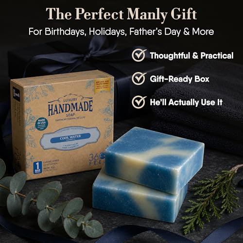 Image of 360Feel Handmade Castile Soap - Cool Water, 5 oz, 4-Pack | Handmade with Essential Oils for Soothing Scent - Suitable Gift for Anniversaries, Weddings and Holiday Stockings