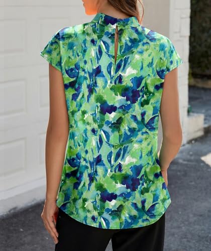 Image of Funlingo Womens Summer Tops Mock Neck Short Cap Sleeve Blouses Business Casual Work Chiffon Shirts Front Pleated Tunic Top
