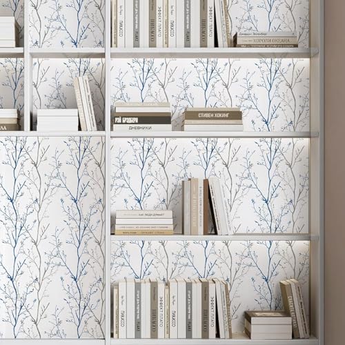 Image of FOKRIM White and Blue Tree Wallpaper, 45x300 cm, Removable & Waterproof, Self-Adhesive Wall Decals for Living Room, Bedroom, Office, and Home Decoration