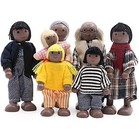SumDirect Sets of 7 People Wooden Family Doll Toys, Lovely Happy Family Dolls Playset Doll House Accessories for Doll House Kids Children Toy (style 4) Cover
