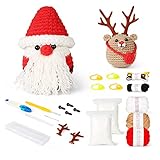 QUEISHA Crochet Kit for Beginners Adults with Easy Peasy Yarn,Cute Elk&Santa Claus Kit with Hook Yarn Picture&Text Instructions and Step-by-Step Video Tutorials as Christmas Gifts for Kids