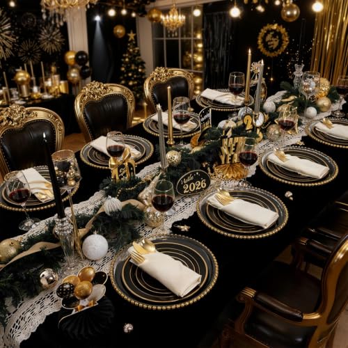 Image of WDF 200PCS Black and Gold Plastic Plates - Black Plates Disposable for Party - Heavy Duty Plastic Plate for Wedding /Party /Birthday /Halloween