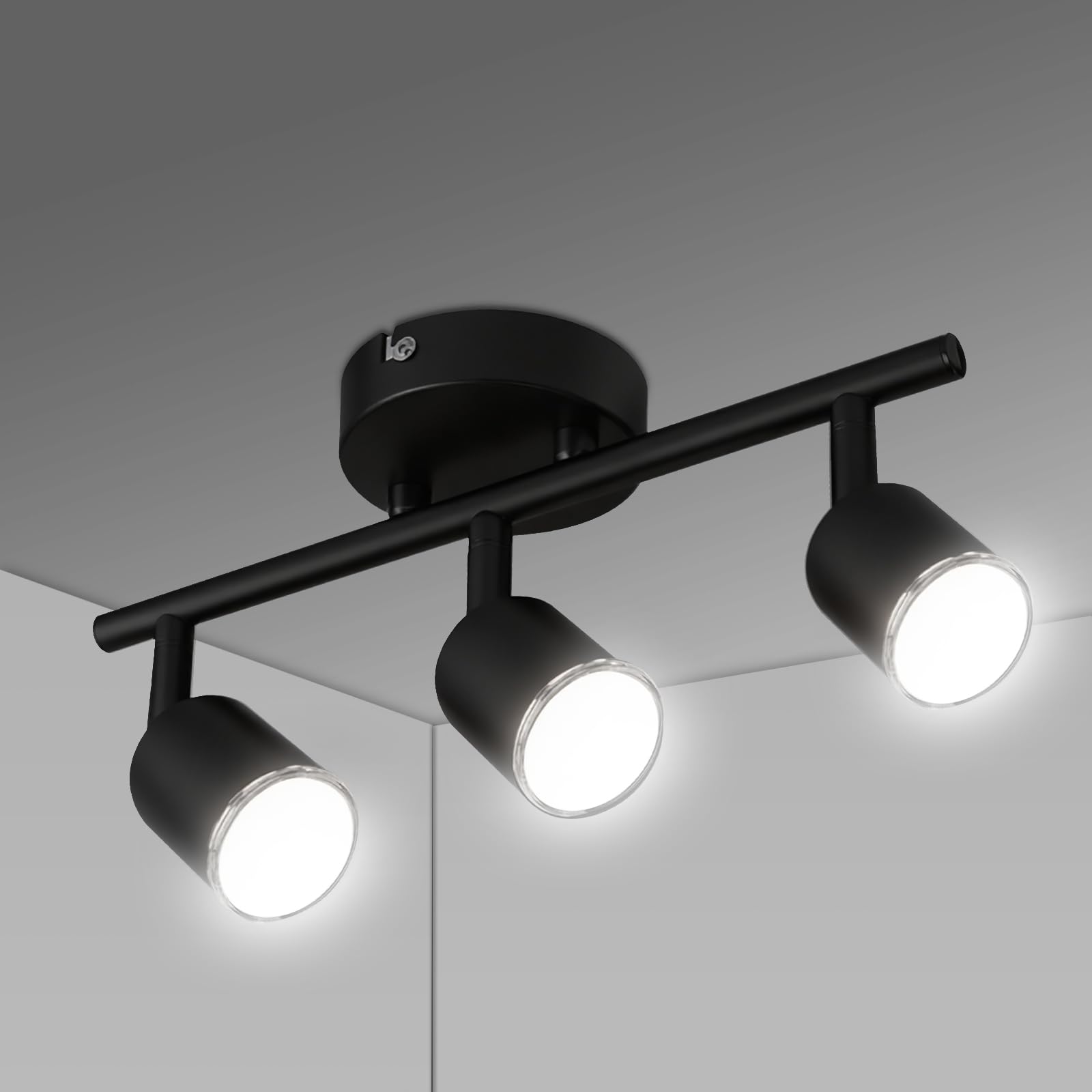 URAQT LED Ceiling Light Rotatable, 3 Way Adjustable Industrial Ceiling Spotlights, Matte Black Spotlight Bar, GU10 Spot Light Fitting for Kitchen Bedroom Living Room, Bulb Not Included