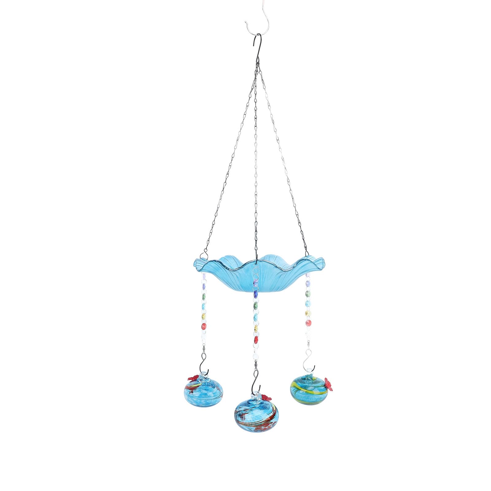 Kikumi Comedero para Colibríes, Baño para Pájaros Al Aire Libre, Fuente Solar Colgante 2 en 1 con 3 Recipientes de Alimentación para Pájaros Pequeños