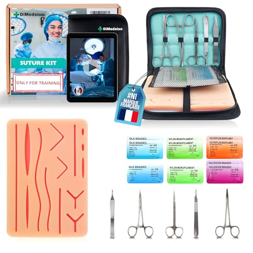 Dimedsion Kit Suture avec Coussin Réaliste - Kit de Suture pour pratiquer, kit de suture etudiant medecine avec e-learning, Cadeau étudiant médecine, kit suture...
