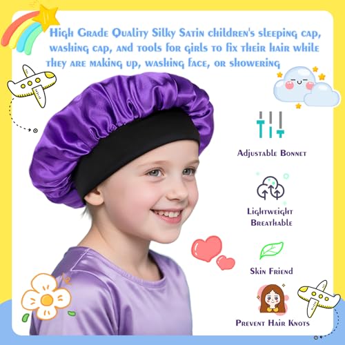 Kids Bonnets for Girls Silk Bonnet for Kids Double Layer Satin Bonnet Adjustable Toddler Sleep Cap（Black and Purple）4