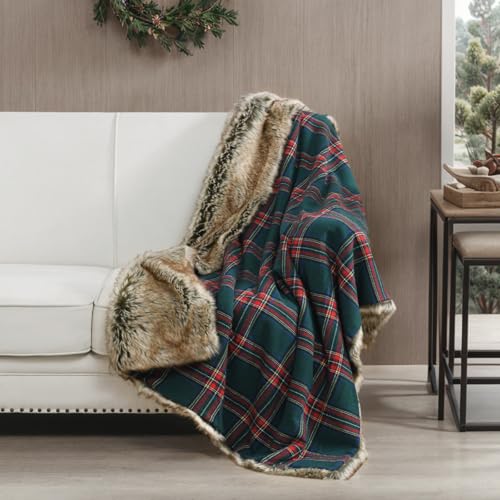 HORIMOTE HOME Luxury Plush Faux Fur Throw Blanket with Green Plaid Pattern Super Warm Fuzzy Elegant Fluffy Decoration Christmas Holiday Blanket for Couch Armchair Sofa and Bed 50x 60