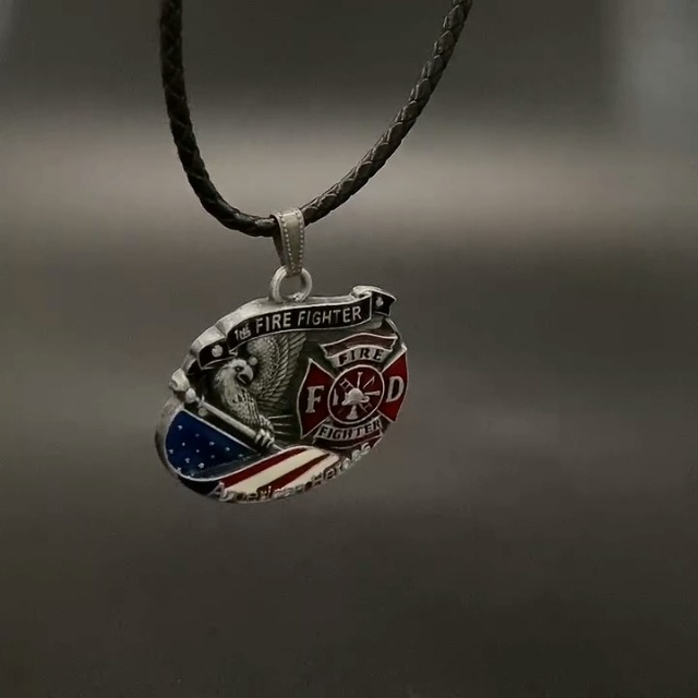 Vintage Firefighter Charm Necklace - Metal Pendant On Leather Rope (27 Inch) - View #5