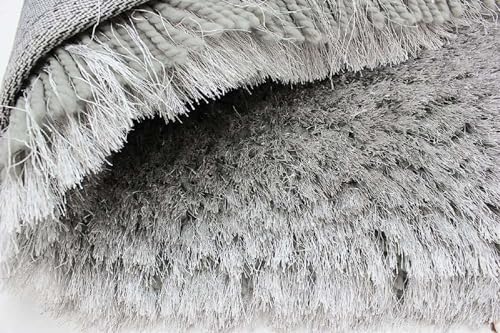 Image of Premium Microfiber Soft Silver Shag Rug 5x5 Feet Square Featuring Dense Fluffy Texture, Anti Skid Support and Durable Handmade Quality for Living Room, Bedroom and Hallway
