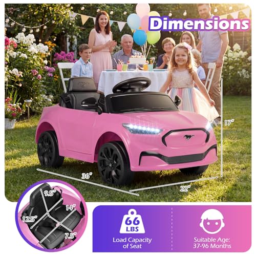 Image of Costzon Ride on Car, 12V Licensed Ford Mach E Kids Electric Vehicle with Parent Control, LED Lights, Horn, Music, Wireless Connection & Spring Suspension, Kids Car Toy for Girls Boys (Pink)