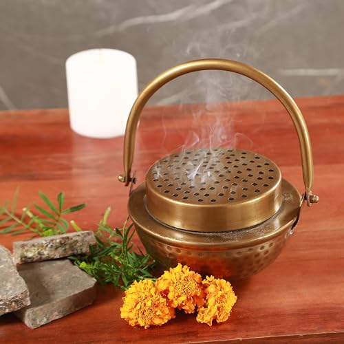 Image of Manor House Pure Iron Dhoop Dani with Handle | Traditional Sambrani Loban Incense Burner | Smoke Vent Lid Dhoop Holder for Pooja, Meditation, Home Temple, Yoga & Spiritual Use