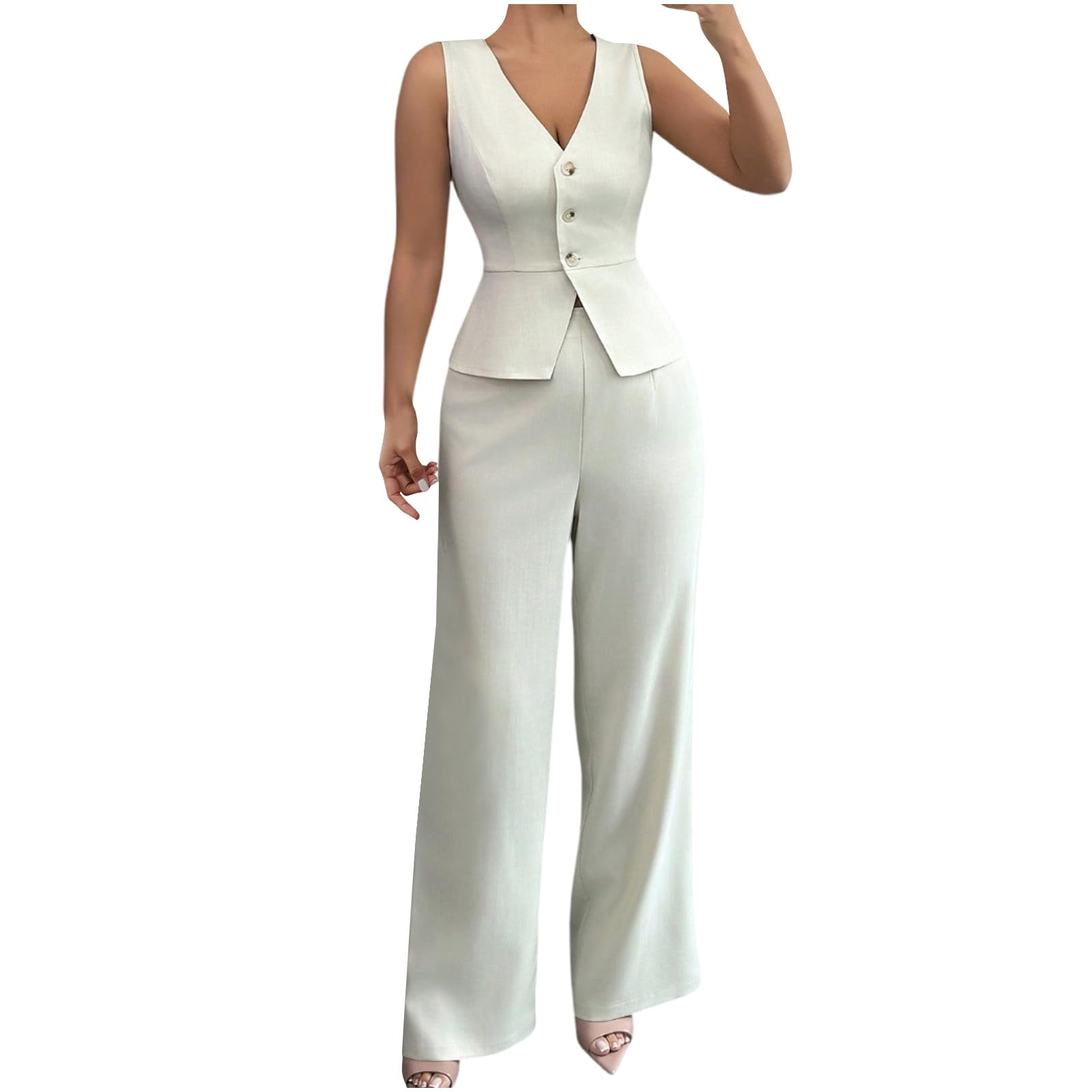 Pant Suits for Women Dressy V Neck Sleeveless Button Vest Blazer and Wide Leg Pants 2 Piece Sets