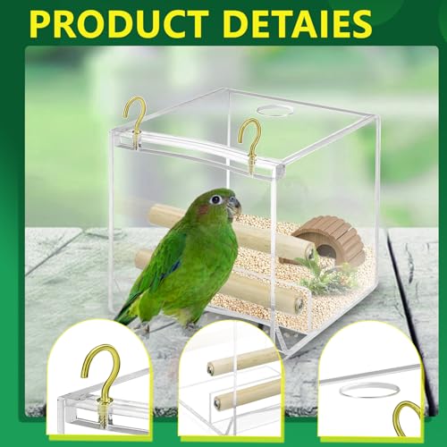 No Mess Bird Feeder for Cage Indoor Acrylic Bird Cage Feeder with Hooks, Parakeet Cage Accessories for Small Bird - Image 3