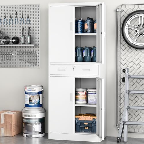 Image of Metal Storage with 1 Drawer, 71 inch Cabinet with 4 Locking Doors and 2 Adjustable Shelves, Steel Storage File Cabinet for Pantry, Kitchen, Office, Garage (White)