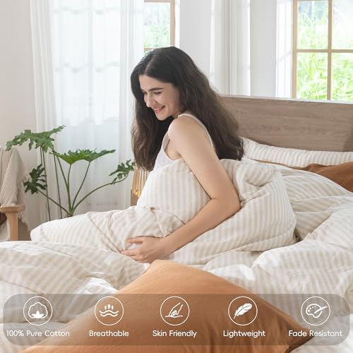 Image of MooMee Striped Duvet Cover Set 100% Washed Cotton Linen Like Oversized Full | Relaxed Linen-like Texture. Soft, Breathable & Long-lasting Comfort. Lightweight. Hidden Zipper with 8 Interior Corner Ties