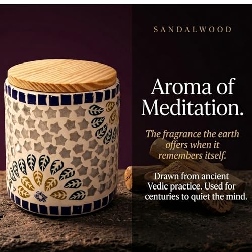 Image of Sandalwood Scented Candle | Glass Jar | Flame of Meditation | 100% Soy Wax | No Paraffin | Eco Wick | 200g | 36Hr | Sacred Home Fragrance| Spa, Meditation and Gift for All Occasion