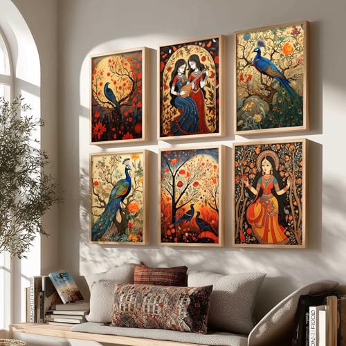 Image of kotart Premium Digital Madhubani Art Paintings with Frame for Home Decor - Framed Painting for Living Room Bedroom Office Room Decor - Painting for Wall Decoration - Pack of 6 (10X13 inch)