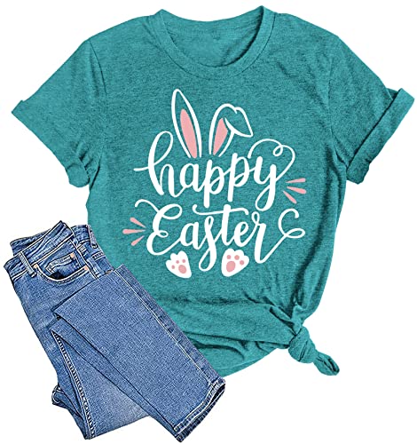 Image of Women Happy Easter T Shirt Bunny Rabbit Graphic T-Shirt Funny Letter Printed Shirts Short Sleeve Tops