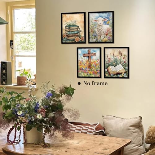 Image of WEFKODO Vintage Christian Flower Bookish Decor Wall Art, Retro Christian Pictures Wall Decor for Home Bathroom Reading Room Church Bedroom, Spring Summer Sheep Posters Prints
