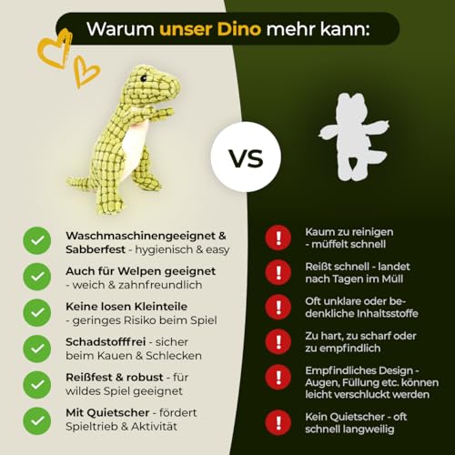 Hundpur Plüschtier Dino Grün - Kuscheltier für Hunde - mit Quietscher - Hundespielzeug - Langlebig & Reißfest - für alle Rassen & Größen