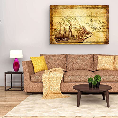 Startonight Canvas Wall Art - World Map Brown, Old Vintage Retro Maps Picture For Office Framed 32 X 48 Inches #TOP3