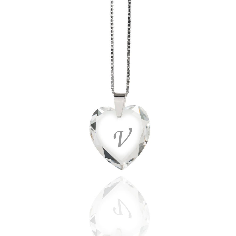 Collar para mujer de plata de ley 925 con elementos de Swarovski, corazón y letra de cristal, Plata, Cristal