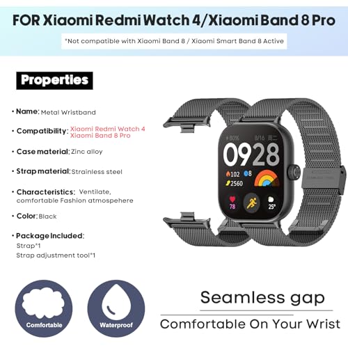 BDIG Replacement Strap Compatible with Redmi Watch 4, Stainless Steel Metal Adjustable Bracelet for Women/Men, Black - Image 3