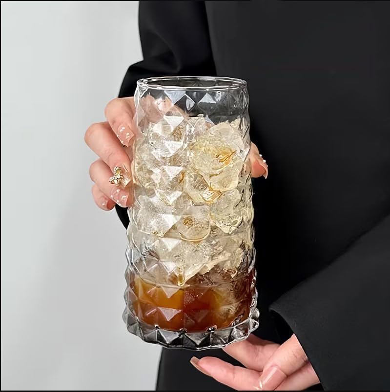 Image of Premium 450ML Water - Juice Glasses Drinking Glasses Set of 4, Highball Lead-Free Glasses, Tumblers for Water, Juice, Beer, Cocktail and Mixed Drinks (Daimond Cut Glass - A, Set of 4)