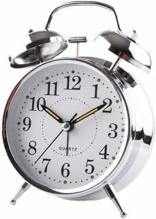 FUBESK Reloj despertador tradicional sajón tradicional sajón con doble campana, cromado, funciona con pilas, reloj despertador analógico de cuarzo con luz nocturna para dormitorio, color marrón