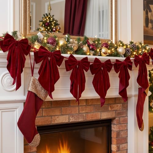 XunYee 6.5 ft Burgundy Christmas Velvet Bow Garland with 6 Large Bows 10.2" by XunYee - Used condition - Image 5