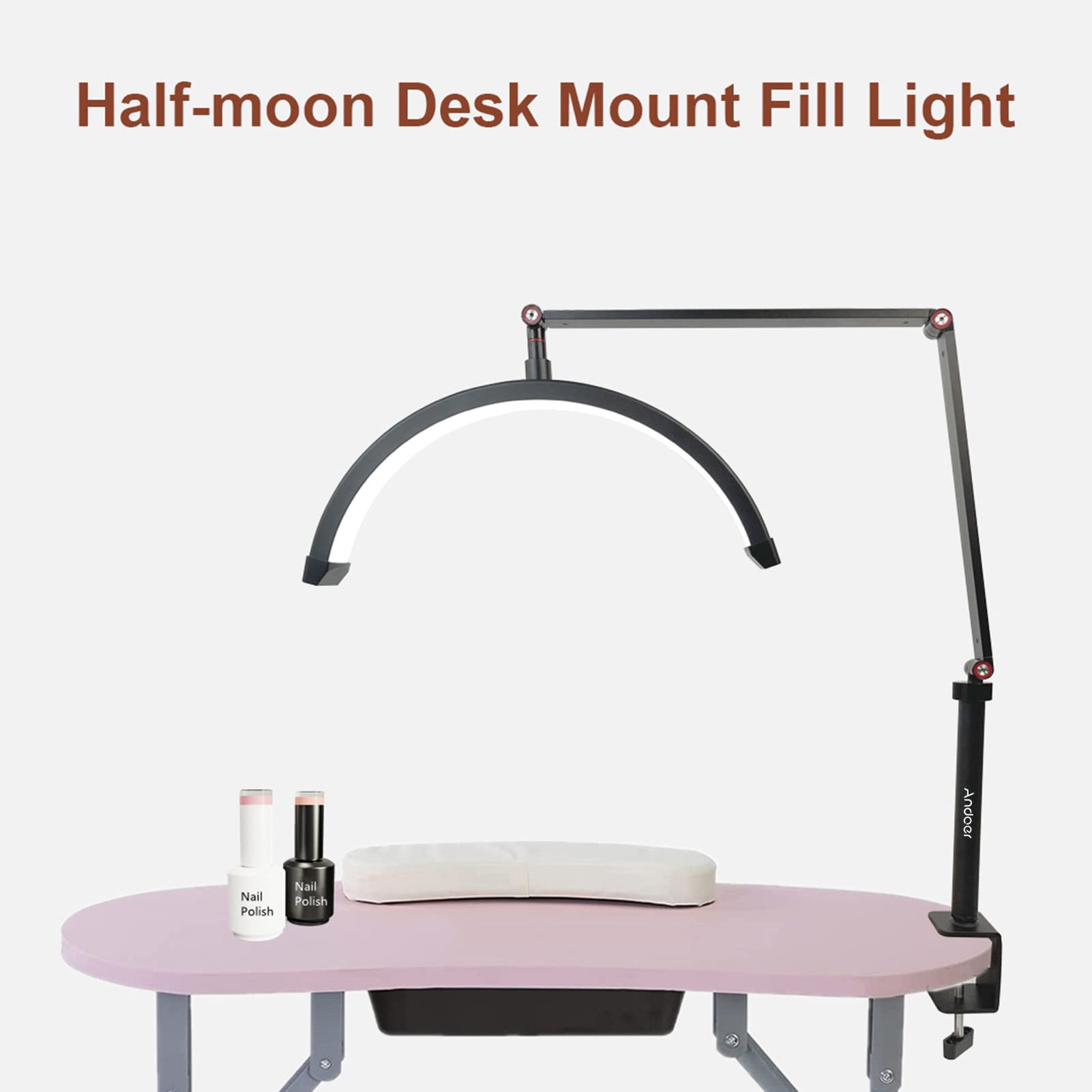 Andoer HD-M3X, luce LED, luce di riempimento mezzaluna, 3000-6000 K, dimmerabile, morsetto C, supporto metallico, per tatuaggi, ciglia, trucco live streaming
