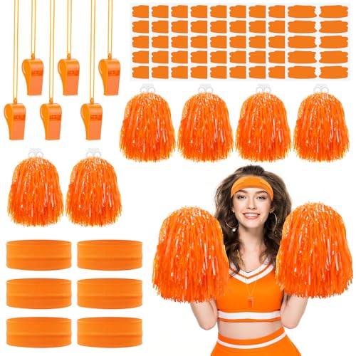 FineCheer 28 Pcs Spirit Support Items 6 Set Team Spirit Week Accessories Including Headbands Whistles Cheerleading Pompoms Sports Stickers for Sports Watching Games Cheering(Orange)