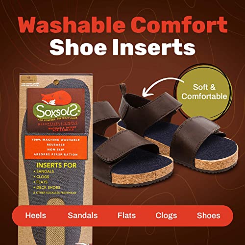 Wool Flat Shoe Insert for Sandals & Sockless Shoes, Comfortable Shoe Insoles with Sweat-Absorbent Natural Fiber & Non-Slip Silicone Grip, Wide-Cut Foot Soles for Men & Women, Brown, Size 45 - SoxsolS2
