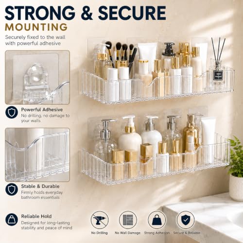 Image of Bathroom Organiser Shelf Suction Use Installation Transparent Pack of 2pcs