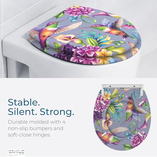 Image of Sanilo Wooden Toilet Seat with Quick Release & Soft Close [ROUND] - Decorative & Slow Close Molded Wood Seat - With One Click for Easy Installation & Cleaning - With Adjustable Fit (Hummingbird)