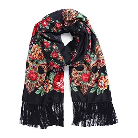 Gudessly Traditional Ukrainian Tassel Scarf Wrap for Women Warm Soft Scarves, Black, One Size Cover