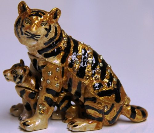 Tiger Bejeweled Trinket Jewelry Box - Mother and Cub