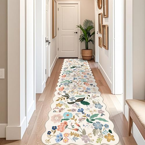 Washable 3x12 Hallway Runner Rug: Soft Floral Scalloped Runners for Entryway Kitchen Nursery Non Slip Bathroom Laundry Floor Mat Water Resistant Light Weight Carpet for Living Room Bedroom(3x12,Cream)