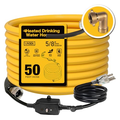 Image of UTOOL 50 FT Heated Water Hose for RV Camper with 90 Degree Elbow, NSF 372 Drinking Water Certified Garden Hose, Automatic Thermostat Antifreeze Protection to -40F, 5 /8 inch ID, 3 /4 inch GHT Adapter