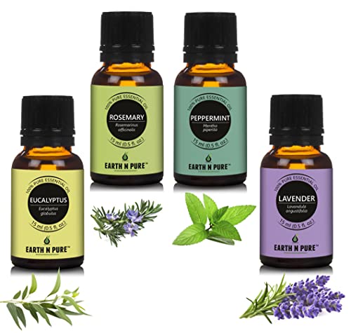 Image of Earth N Pure Lavender, Rosemary, Peppermint & Eucalyptus Essential Oils | Pack Of 4 (15 ml each) | 100% Pure, Undiluted, Natural And Therapeutic Grade - Perfect for Aromatherapy, Skin Therapy & More