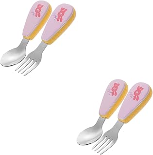 2 Conjuntos De Garfo E Colher Para Crianças Colher De Bebê Talheres De Viagem Ternos Infantis Colher De Sopa Colher De Comer Para Crianças Cabo Curto Talheres Colher Para Criança