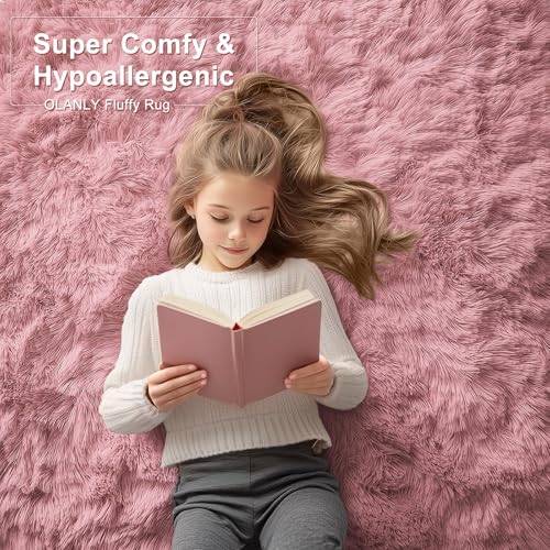 OLANLY 5x8 Machine Washable Large Area Rugs for Living Room, Bedroom, Soft Fluffy Shaggy Bedside Rug, Indoor Floor Carpet for Kids Girls and Boys, Dorms, Nursery, Home Decor Aesthetic, Pale Pink