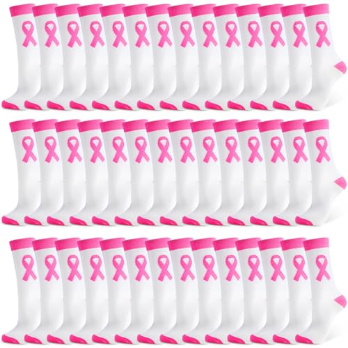 Shyyween 60 Pairs Breast Cancer Awareness Socks Bulk Pink Ribbon Middle Tube Football Socks for Events Youth Adult(White)
