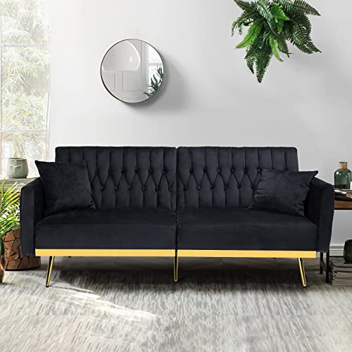 Acmease 70” Velvet Futon Sofa Bed With 2 Pillows And Adjustable Armrests, Convertible Sleeper Bed, Modern Loveseat For Living Room, Bedroom, Black #TOP5